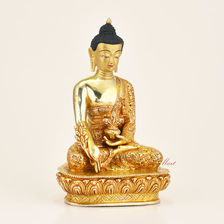 Right side view of Medicine Buddha Handmade Statue in copper alloy with gold gilding