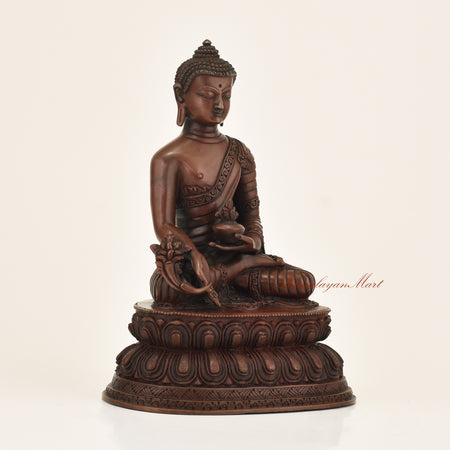 Right side view of Medicine Buddha Oxidized Statue showing hand-carved detail