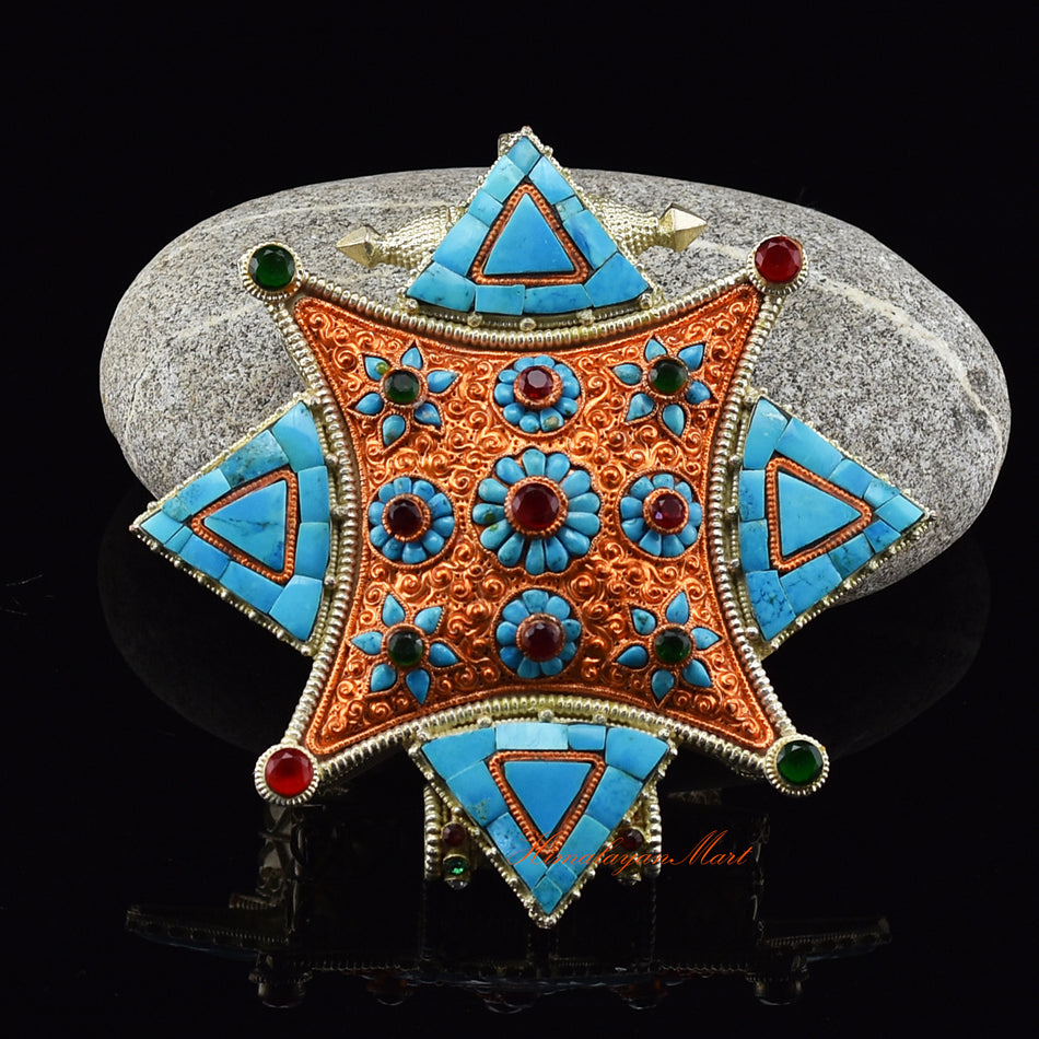 Front view of Meditation Prayer Box Jewelry, sacred silver-plated Ghau pendant with semiprecious stones.