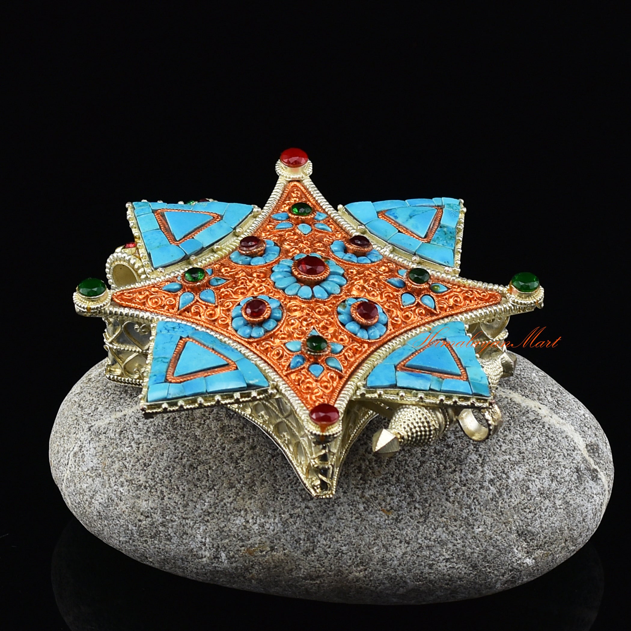 Side view of silver-plated Meditation Prayer Box Jewelry showing intricate Ghau pendant details and stone settings.