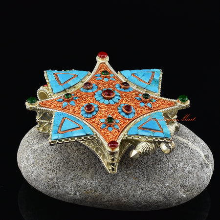 Side view of silver-plated Meditation Prayer Box Jewelry showing intricate Ghau pendant details and stone settings.