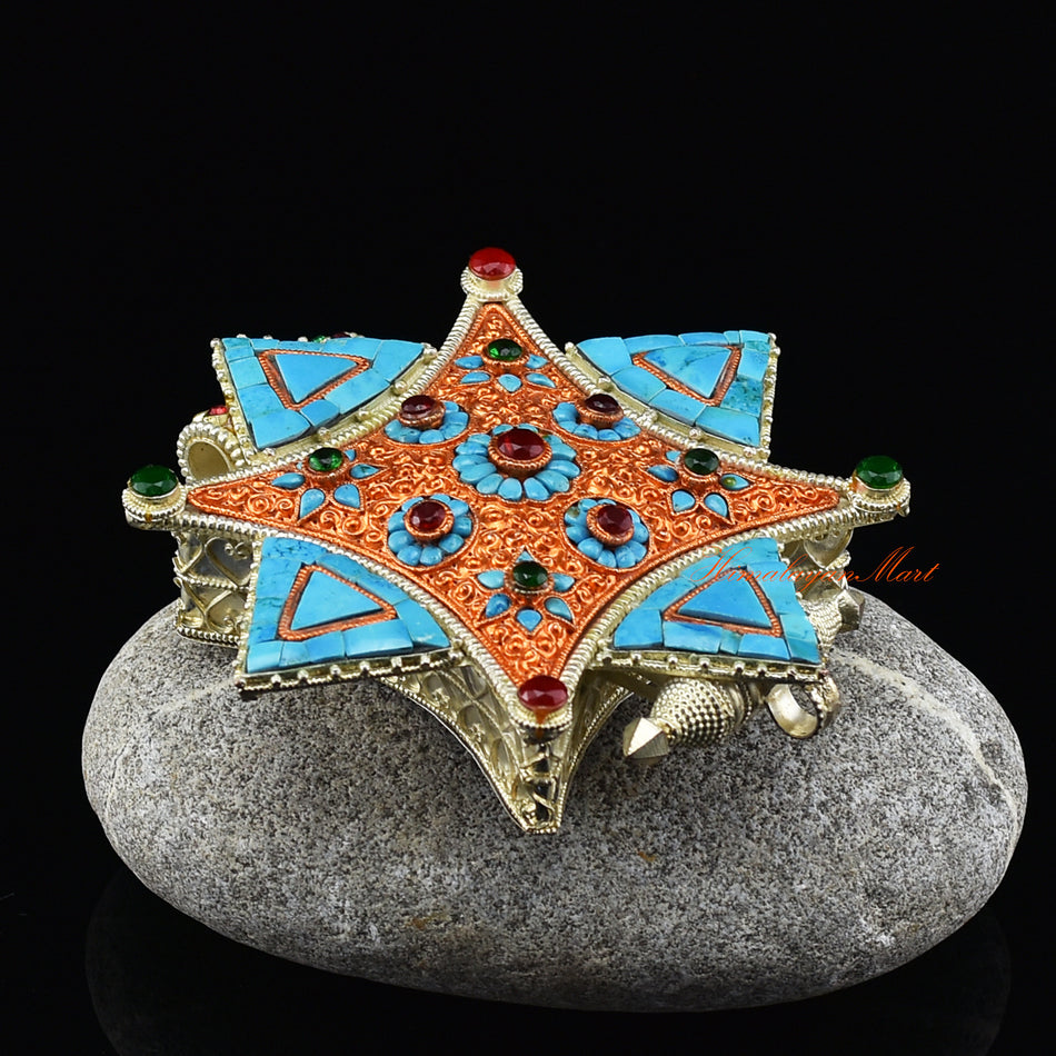 Side view of silver-plated Meditation Prayer Box Jewelry showing intricate Ghau pendant details and stone settings.