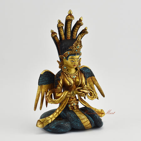 Right side view of Naga Kanya Statue in copper alloy with gold gilding