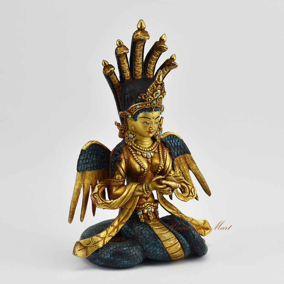 Right side view of Naga Kanya Statue in copper alloy with gold gilding