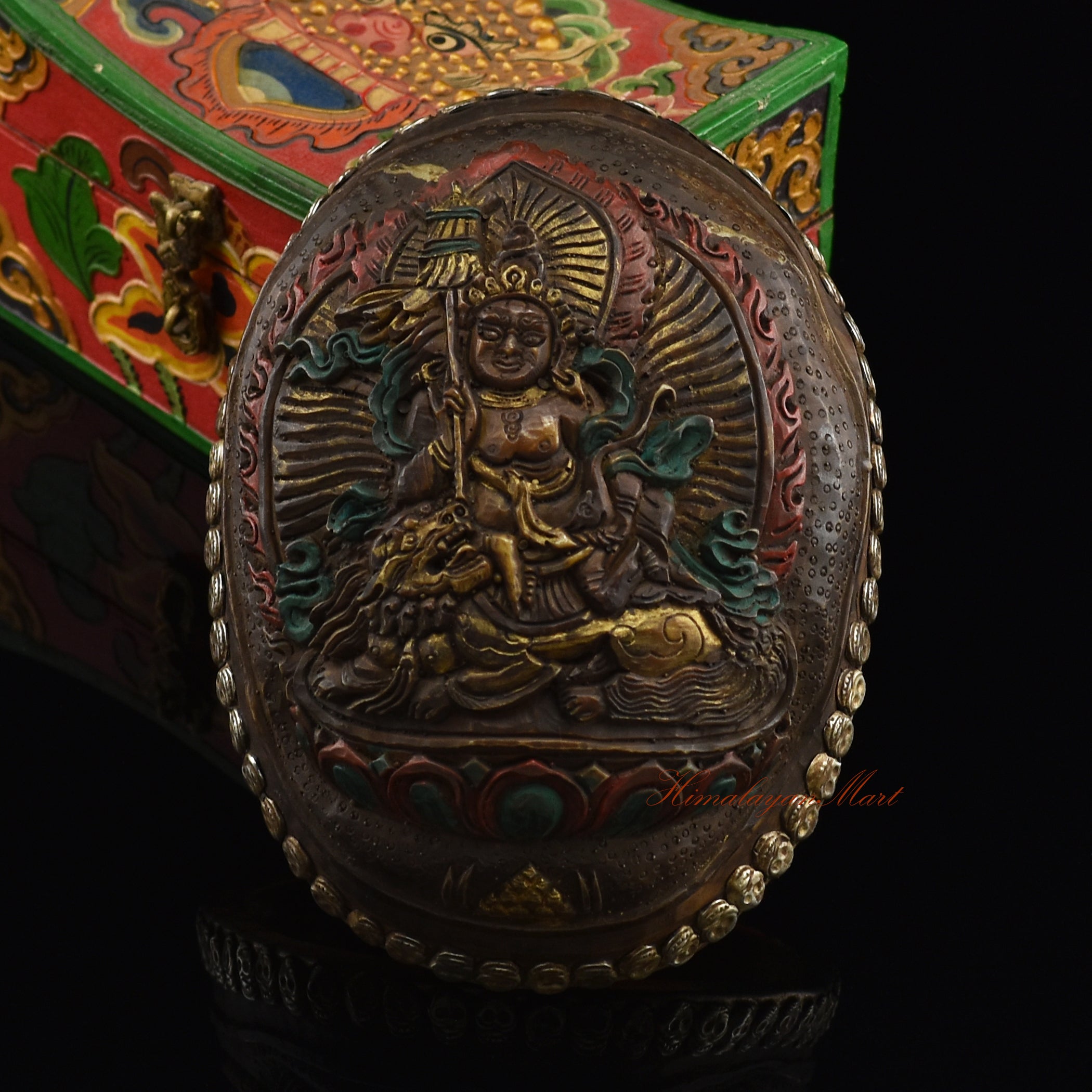 Namtose Vaisravana Resin Kapala with an intricately crafted metal skull border, front view