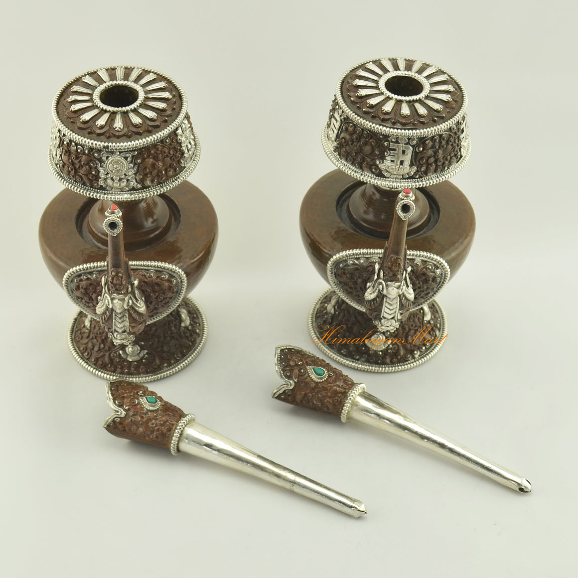 Detailed view of the Oxidized Copper Bhumba Set components with coral and turquoise inlay, showing craftsmanship and ritual detail.