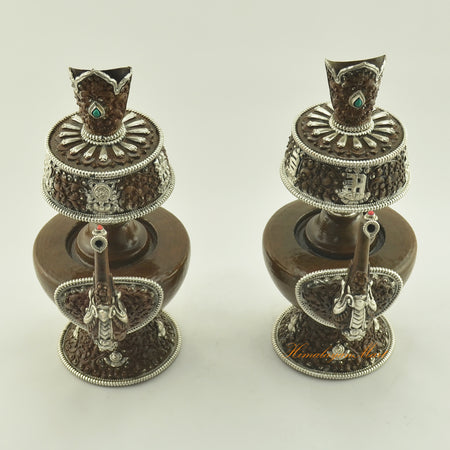 Top view of the Oxidized Copper Bhumba Set highlighting the open vase mouth and finely detailed hand-carved patterns.