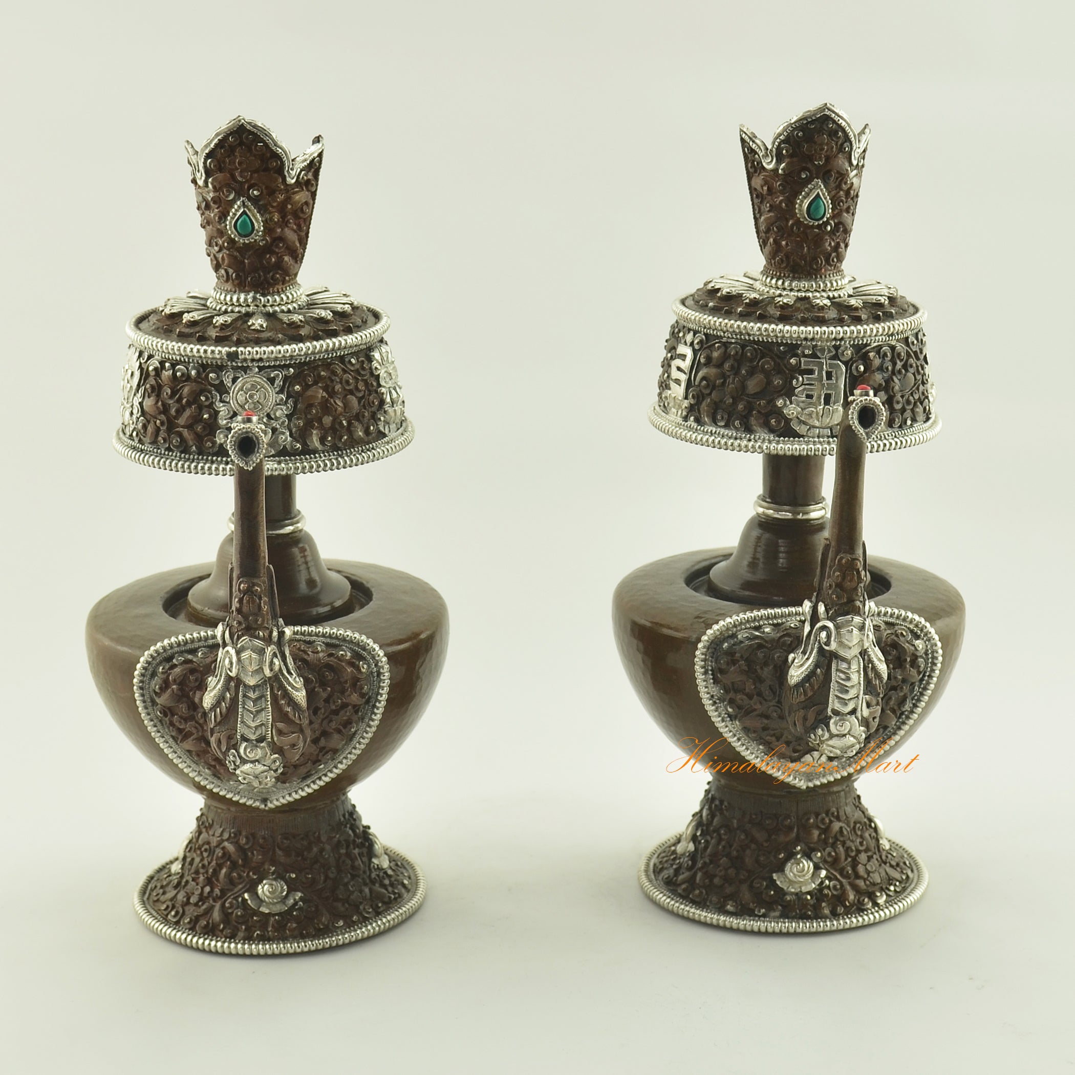Front view of the Oxidized Copper Bhumba Set, handcrafted copper alloy with silver plating and semi-precious stone inlays.