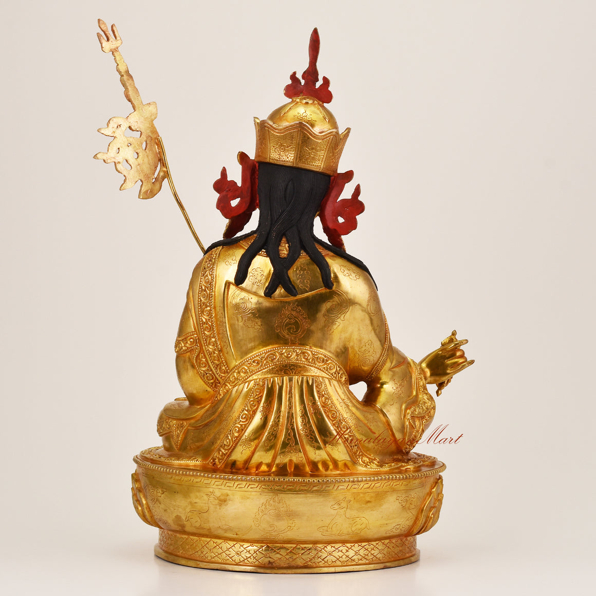 Back view of Padmasambhava Guru Rinpoche Statue displaying detailed craftsmanship of a sacred Tibetan Buddhist master