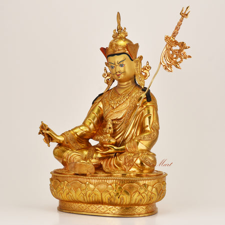 Left view of Padmasambhava Guru Rinpoche Statue highlighting hand-carved details and gold-gilded finish