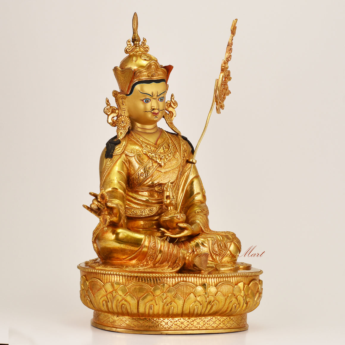 Right view of Padmasambhava Guru Rinpoche Statue showing intricate robes and sacred Tibetan Buddhist iconography