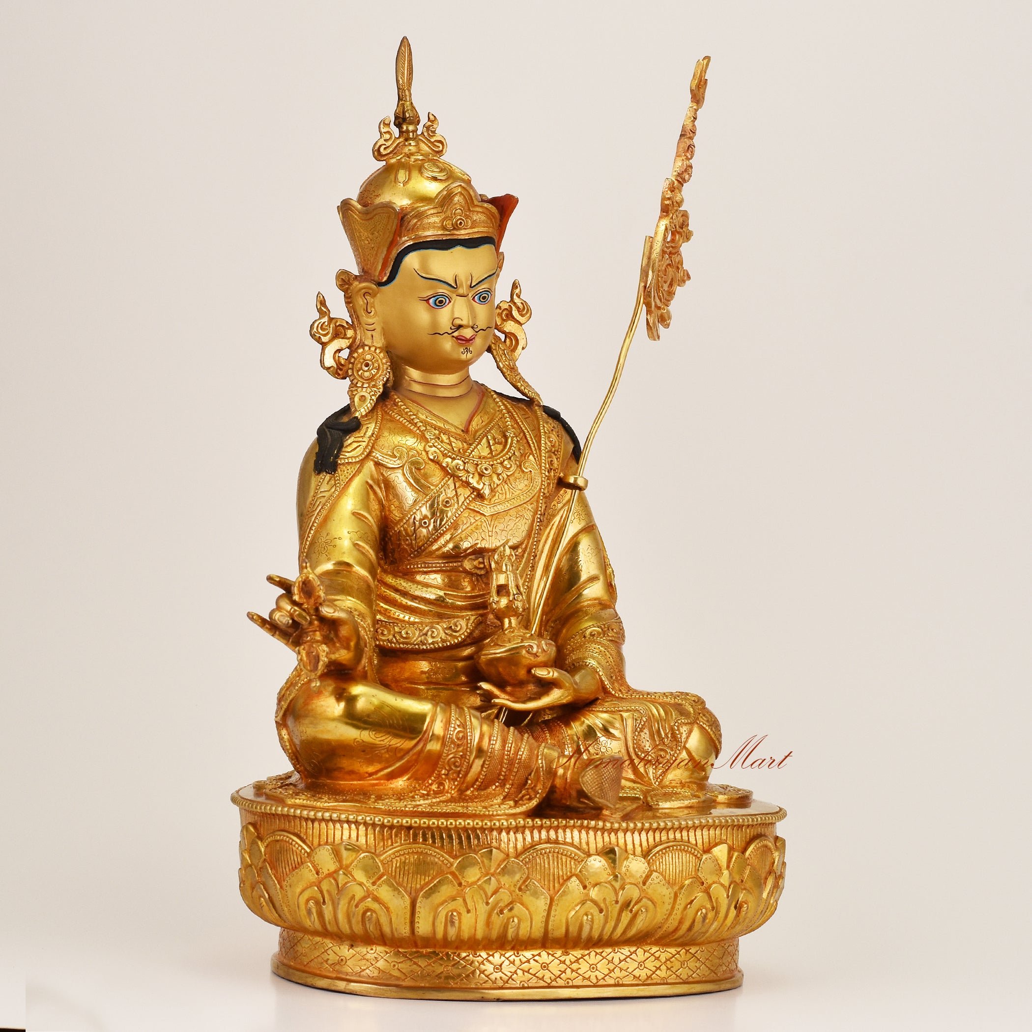 Right view of Padmasambhava Guru Rinpoche Statue showing intricate robes and sacred Tibetan Buddhist iconography
