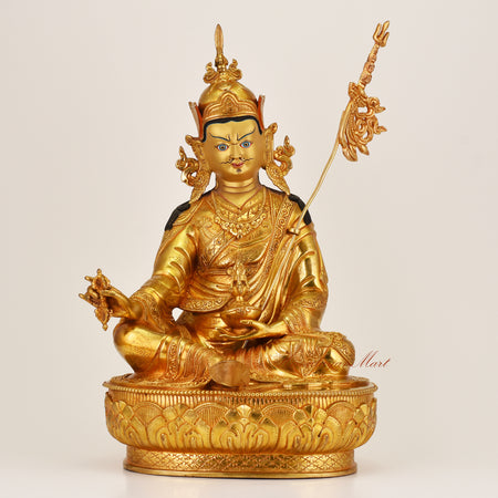 Padmasambhava Guru Rinpoche Statue depicting a sacred Tibetan Buddhist master with gold-gilded copper alloy detailing
