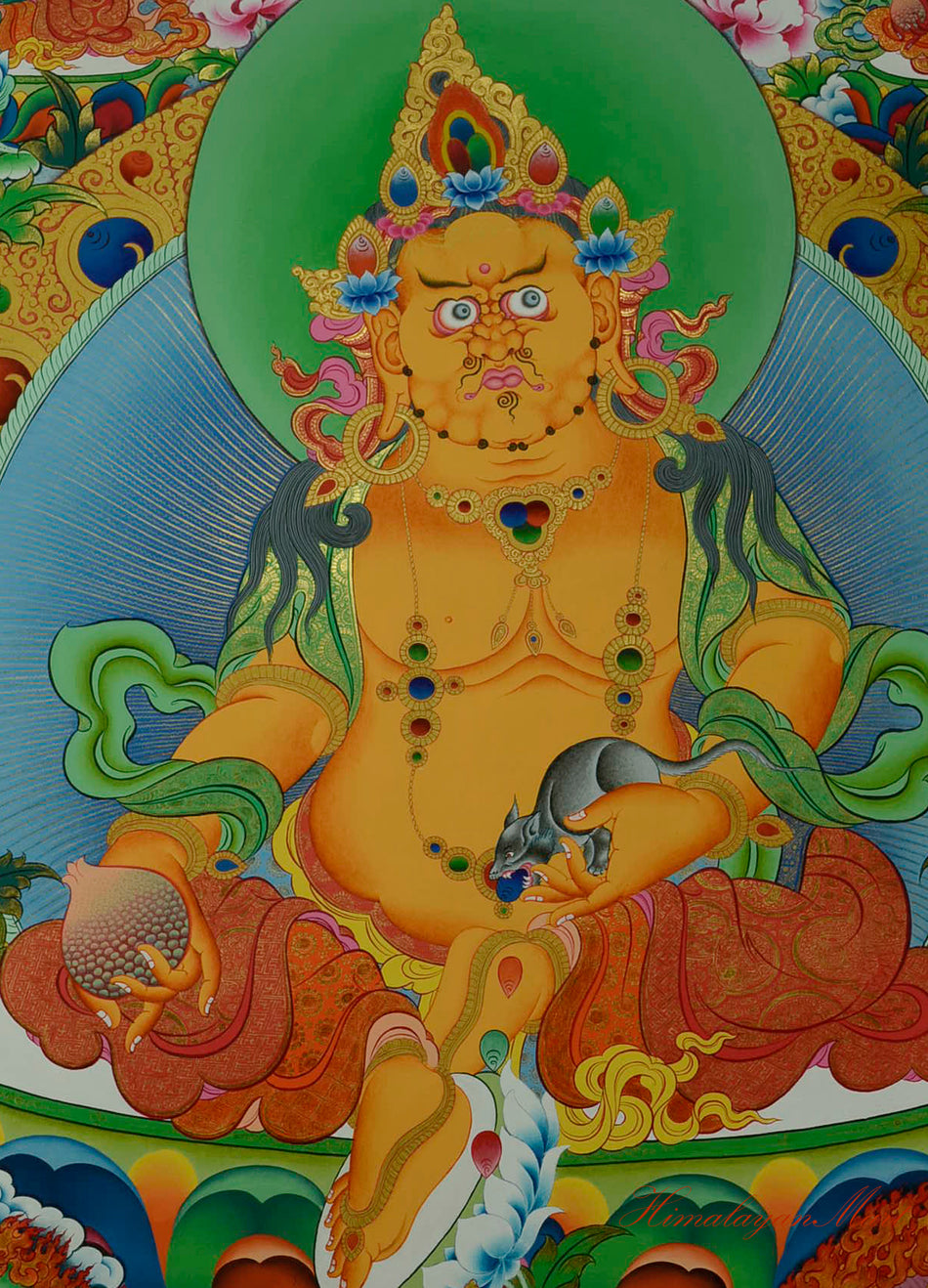 Central Yellow Jambhala seated on golden lotus throne with blooming lotus flowers.