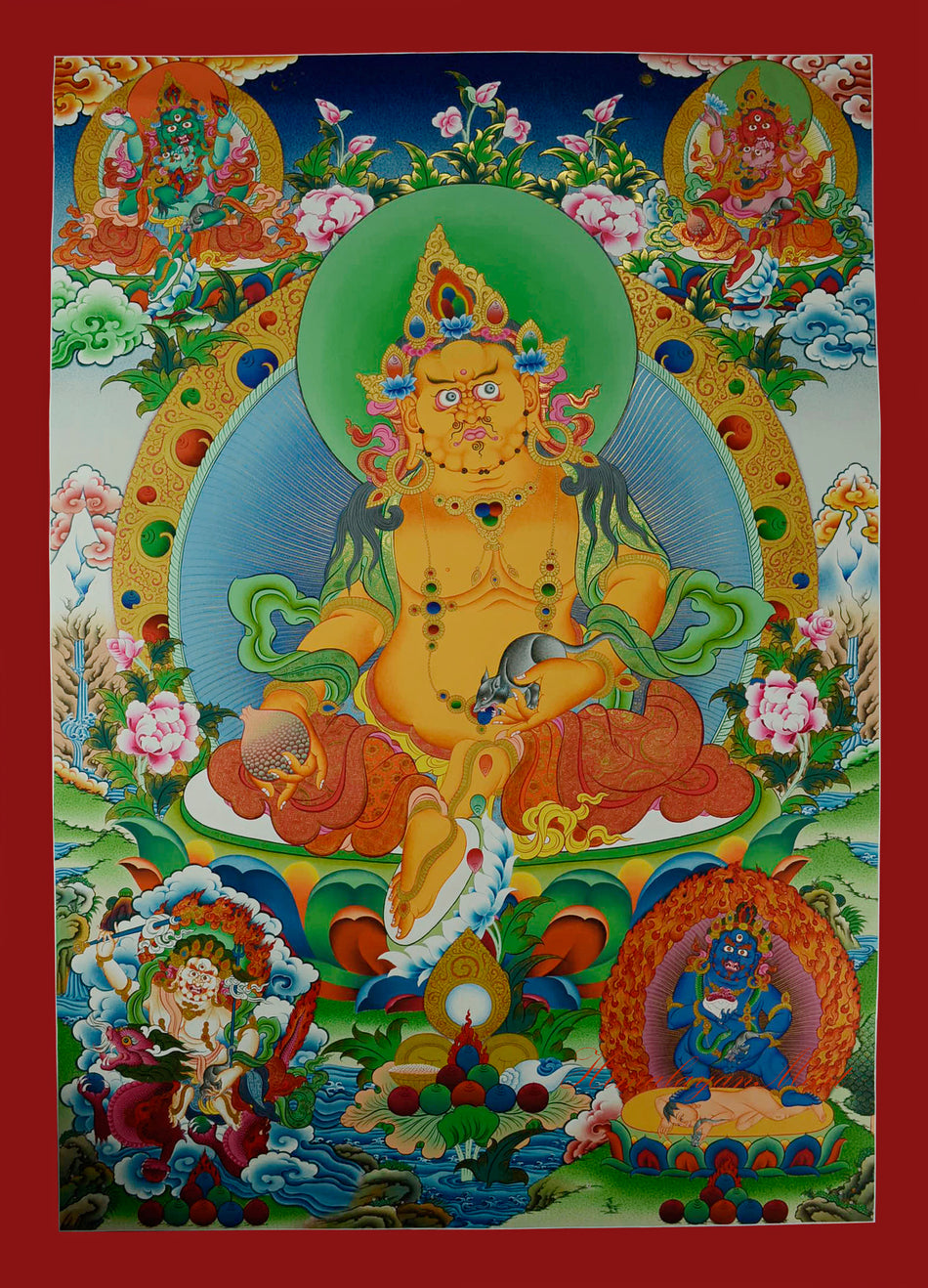 Full view of Pancha Jambhala Tibetan Thangka depicting five wealth deities in sacred composition.