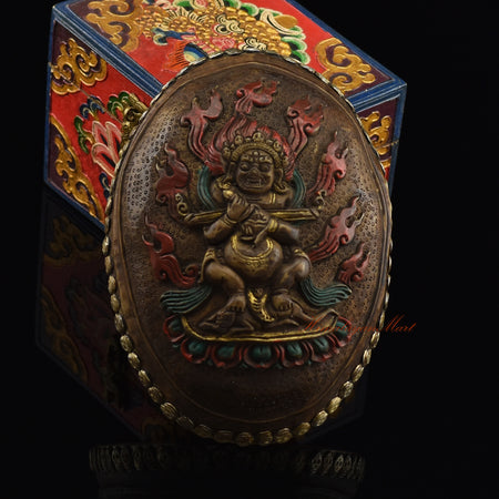 Panjarnata Mahakala Resin Kapala with an intricately crafted metal skull border, front view
