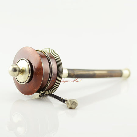 Detailed left view of Portable Handheld Prayer Wheel showing craftsmanship