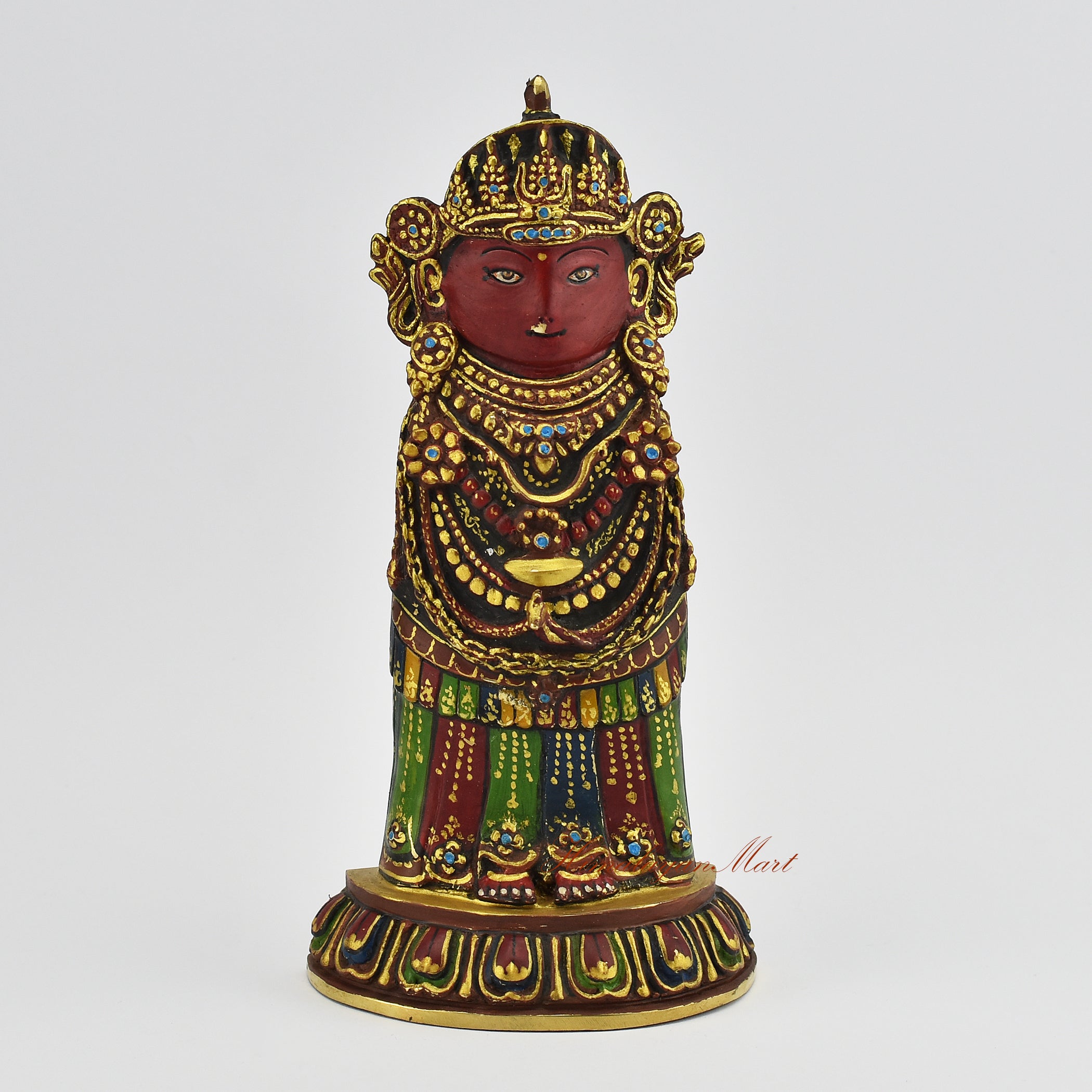 Front view of a gold gilded Rato Machindranath Statue, handcrafted in Nepal as a sacred Buddhist rain god sculpture.