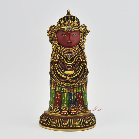 Front view of a gold gilded Rato Machindranath Statue, handcrafted in Nepal as a sacred Buddhist rain god sculpture.