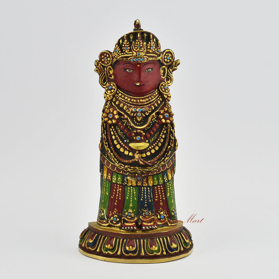 Front view of a gold gilded Rato Machindranath Statue, handcrafted in Nepal as a sacred Buddhist rain god sculpture.