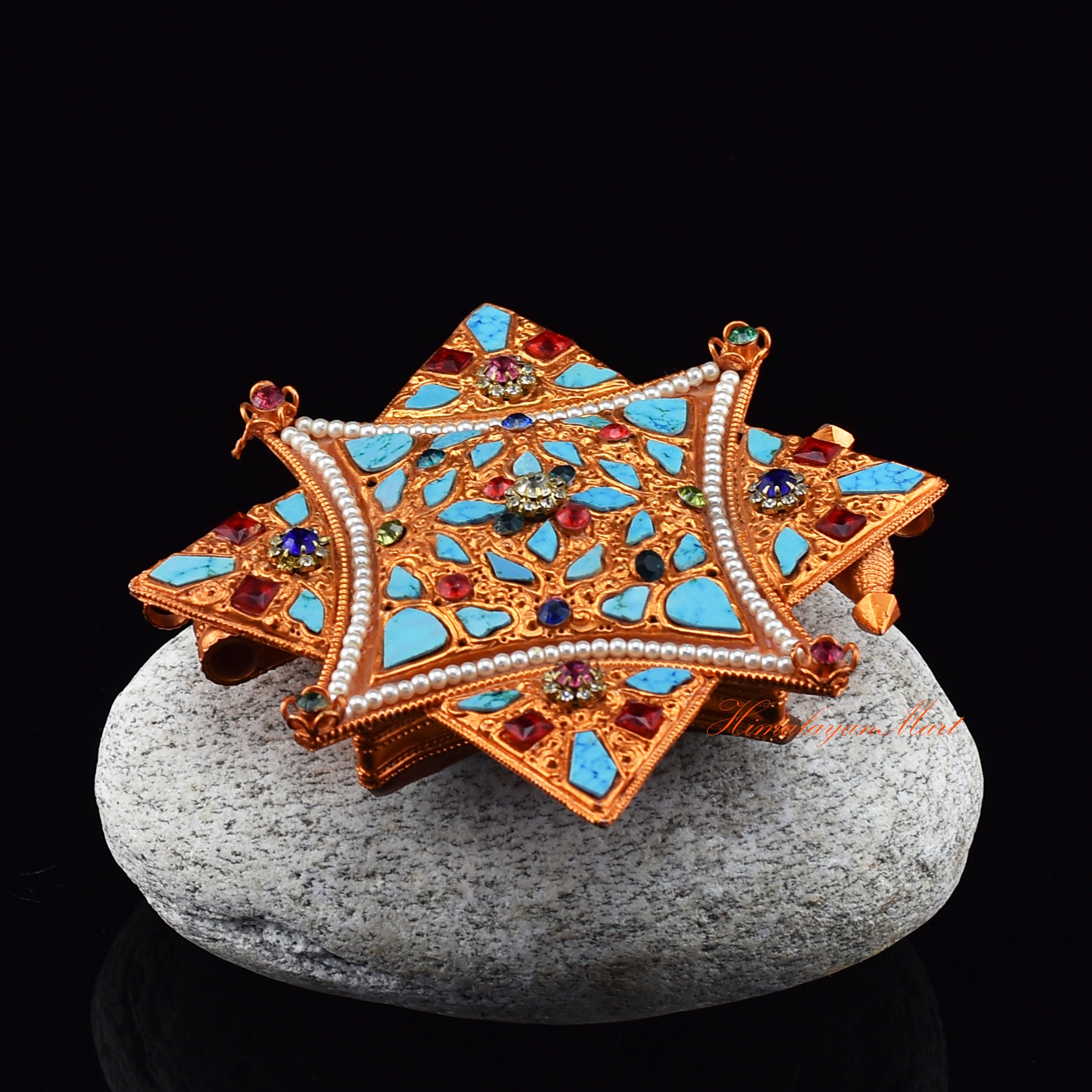 Side view of Religious Ghau Pendant showing intricate Tibetan craftsmanship and semi-precious stone detailing.