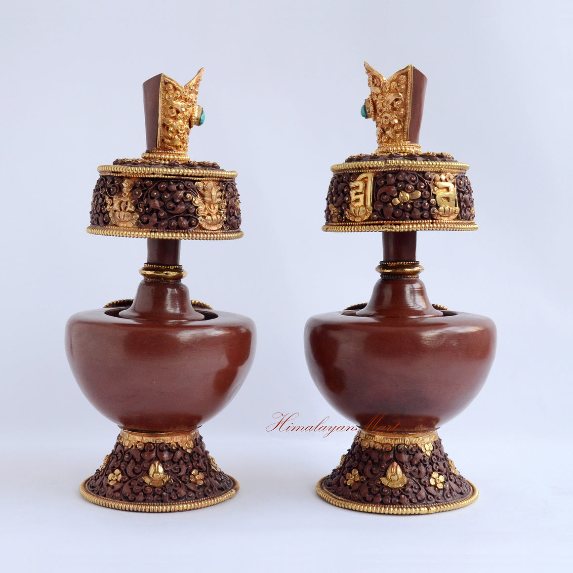 Back view of Ritual Purification Bhumba Set showing hand-carved Tibetan Buddhist motifs and oxidized gold finish