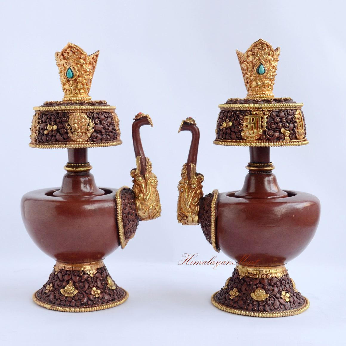 Paired Ritual Purification Bhumba Set displayed together as Tibetan Buddhist water offering vases on altar setting