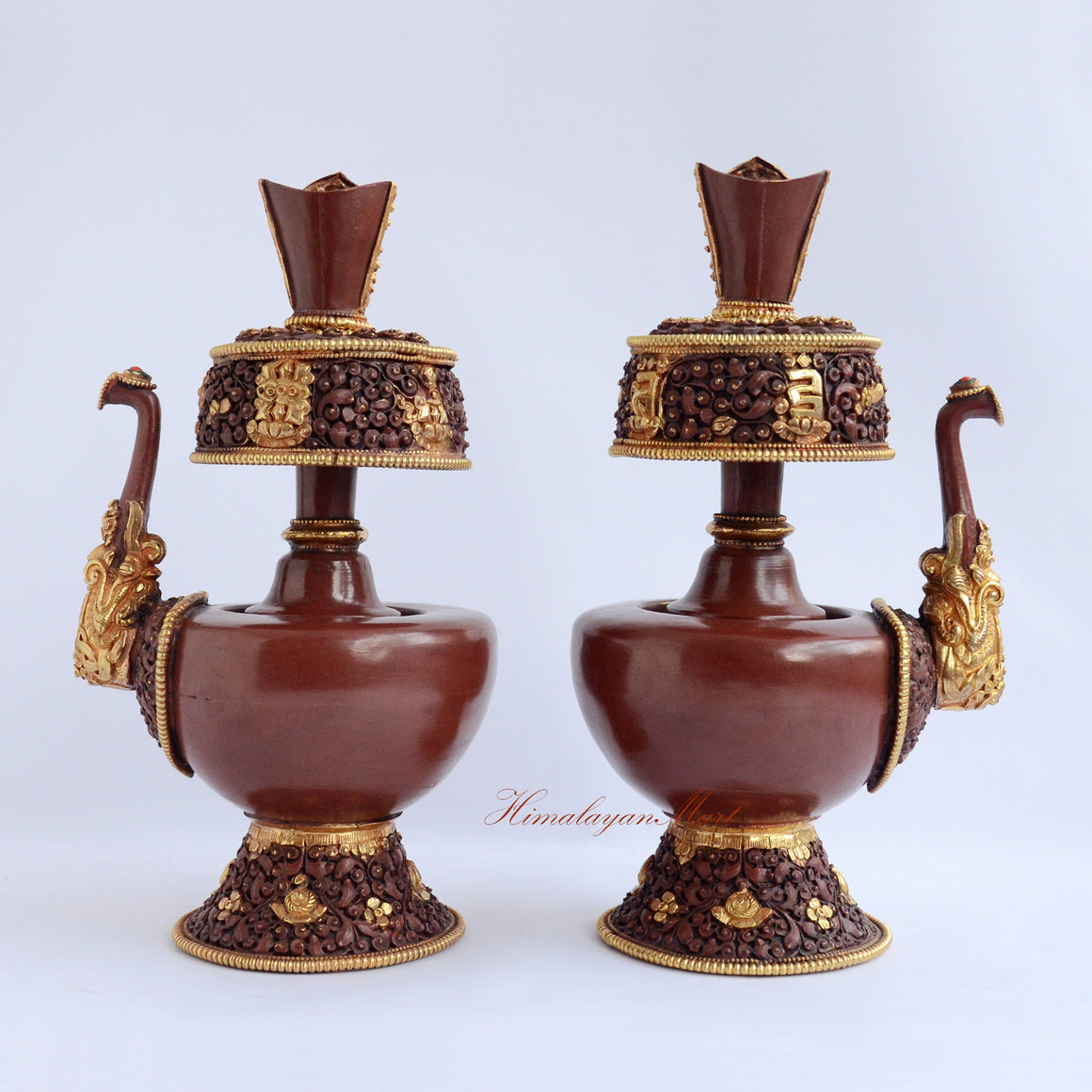 Front outward view of Ritual Purification Bhumba Set highlighting gold gilded copper and gemstone adornments