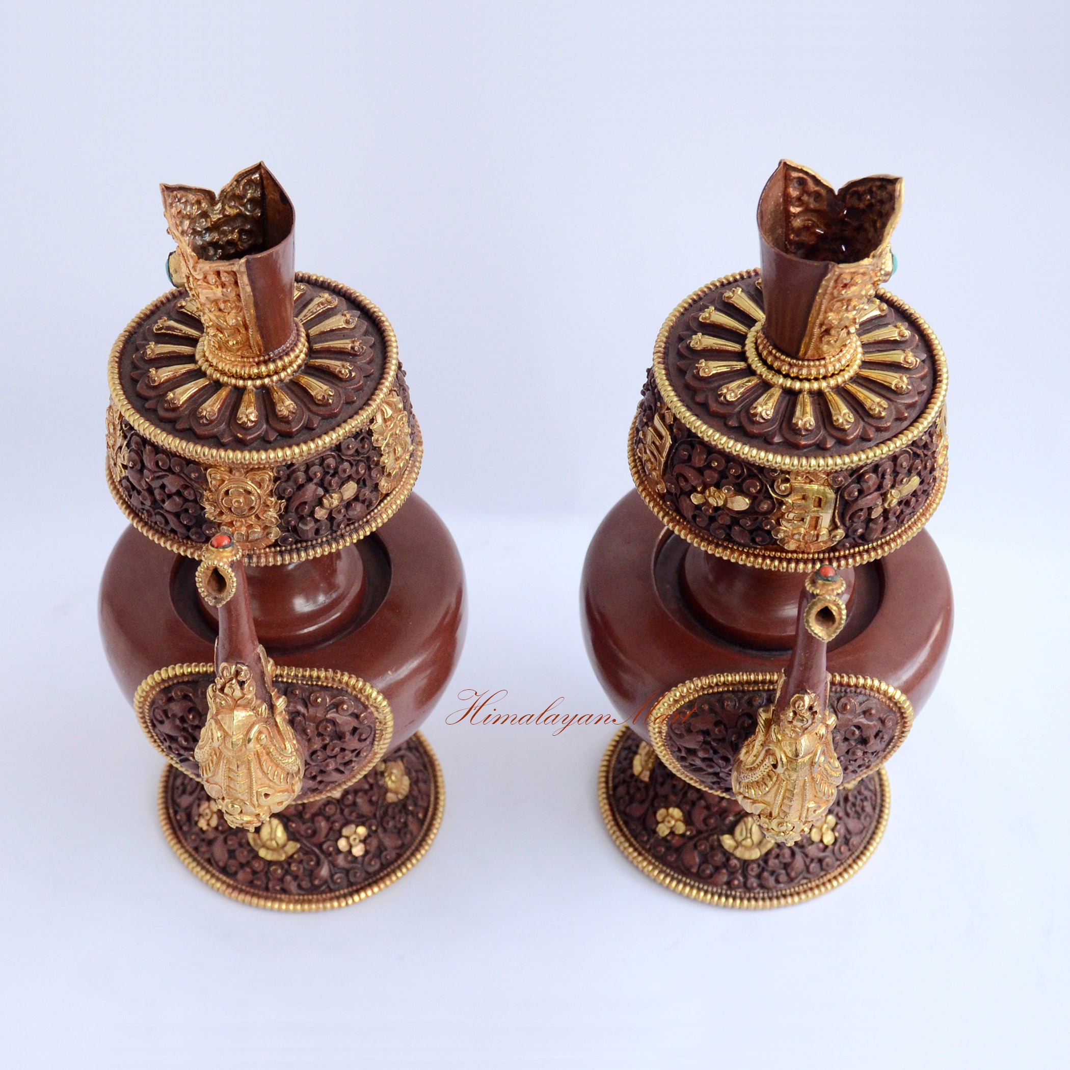 Top view of Ritual Purification Bhumba Set showing upper rim detailing of Tibetan Buddhist water offering vases
