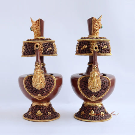 Ritual Purification Bhumba Set handcrafted Tibetan Buddhist water offering vases with gold gilding and gemstone details