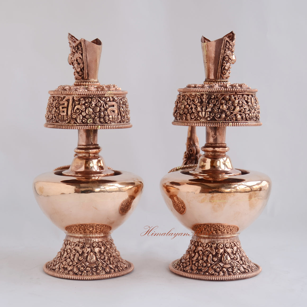 Back view of Sacred Bhumba Ritual Vessel showing handcrafted copper alloy form and detailed artisan engraving from Nepal