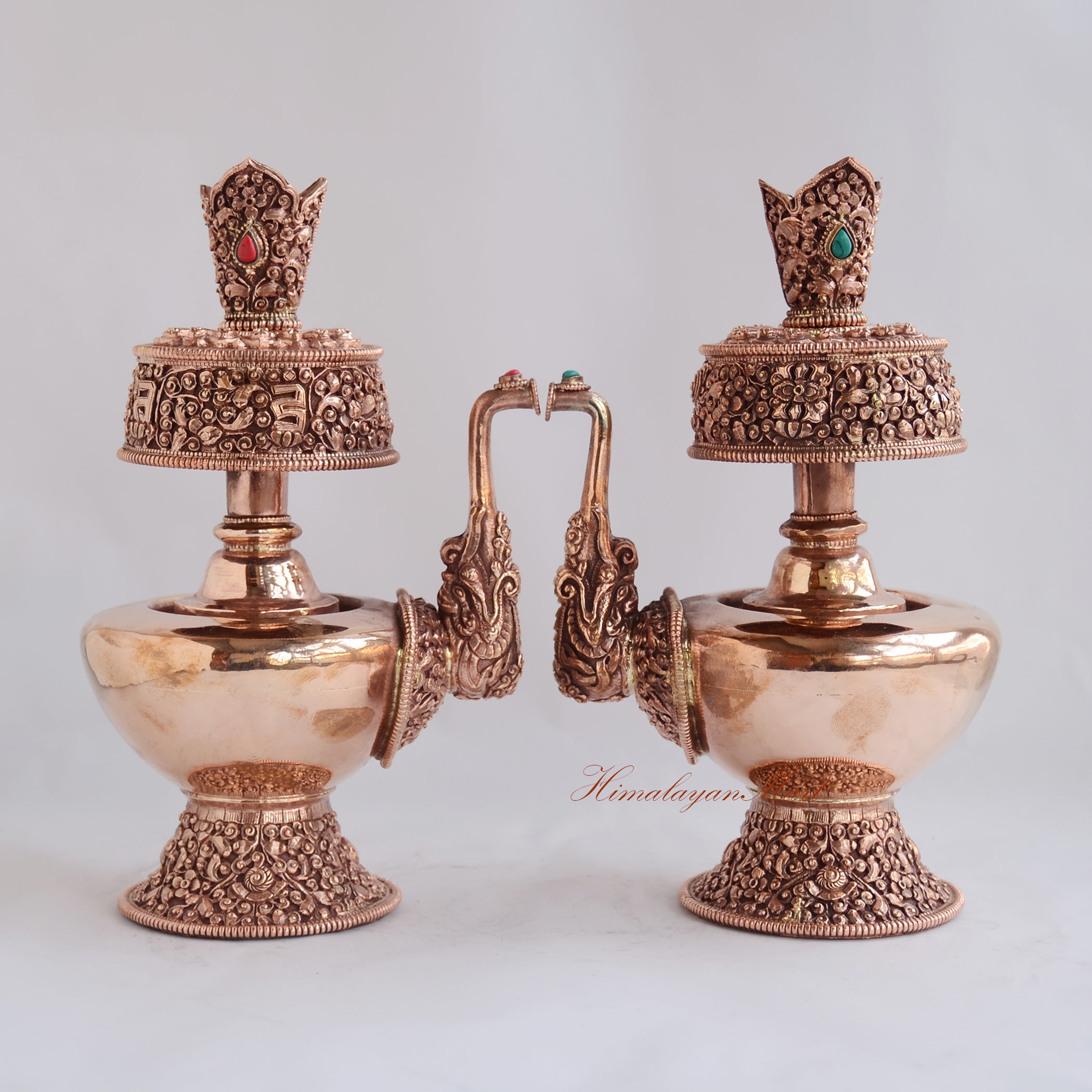 Sacred Bhumba Ritual Vessel pair handcrafted in copper alloy, traditional Buddhist water offering vases displayed together