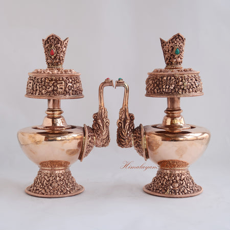 Sacred Bhumba Ritual Vessel pair handcrafted in copper alloy, traditional Buddhist water offering vases displayed together