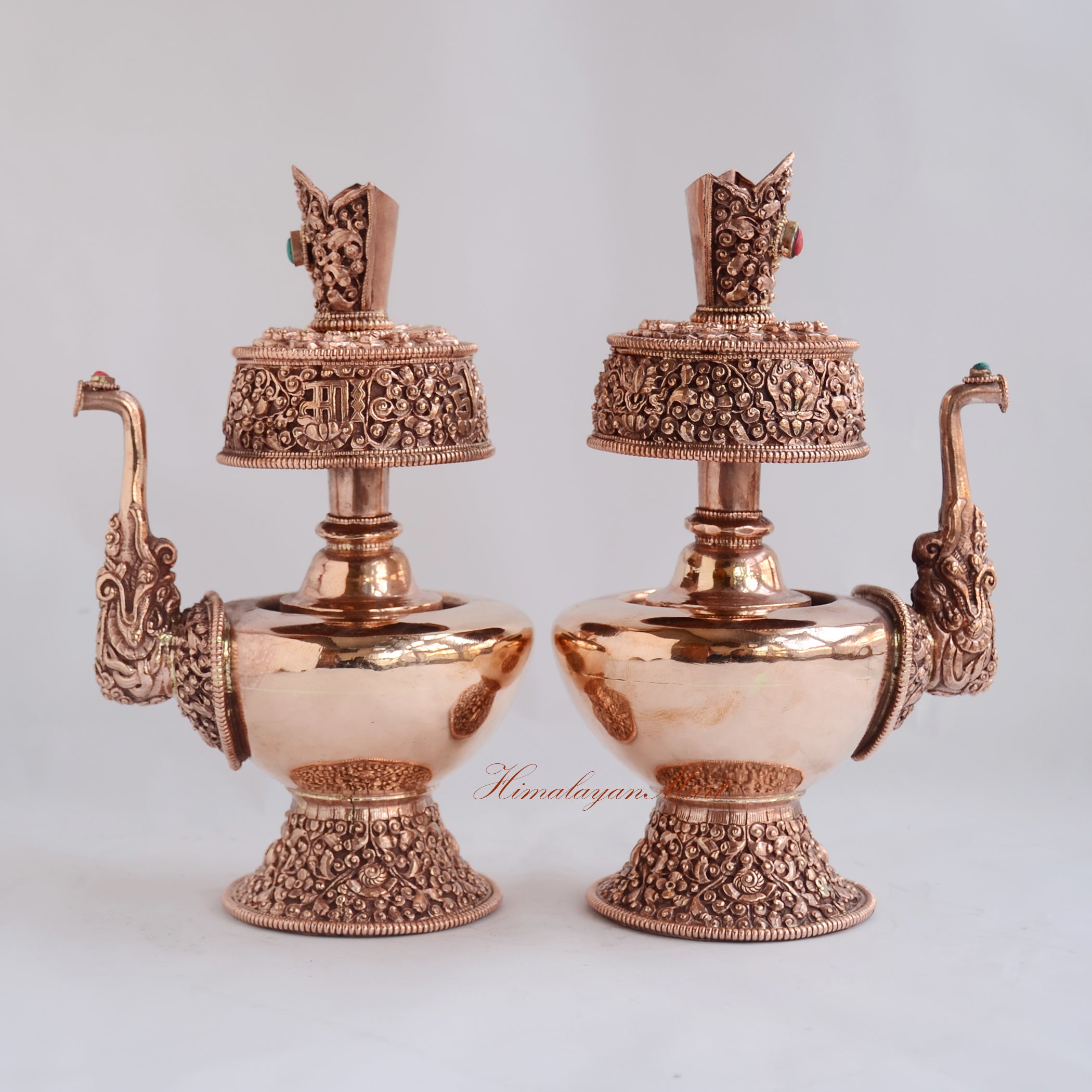 Outward angled view of Sacred Bhumba Ritual Vessel handcrafted copper alloy Buddhist offering vase with symbolic engravings