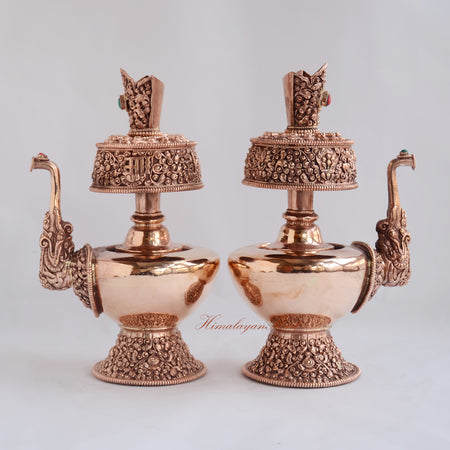 Outward angled view of Sacred Bhumba Ritual Vessel handcrafted copper alloy Buddhist offering vase with symbolic engravings