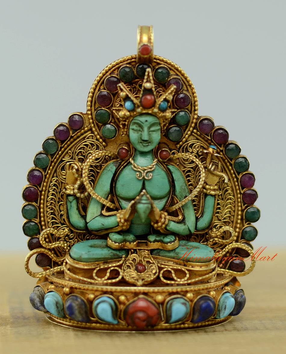 Sacred Chenrezig Ghau Pendant with intricate siko filigree and turquoise, coral, lapis, and ruby gemstone inlay.