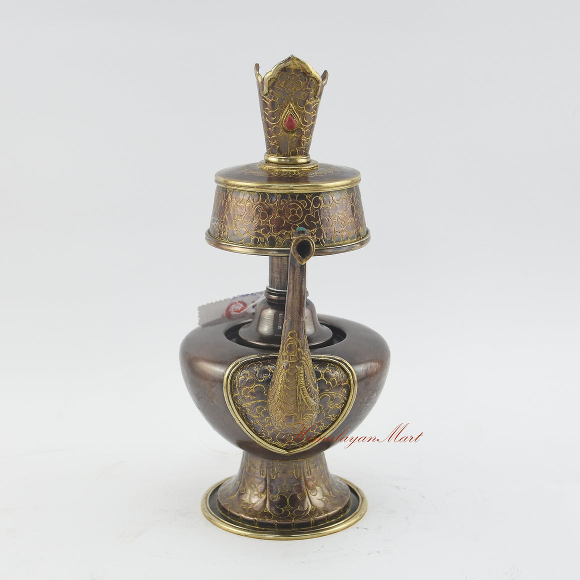 Sacred Traditional Bhumba handcrafted Tibetan ritual water offering vase with oxidized copper finish and stone inlay