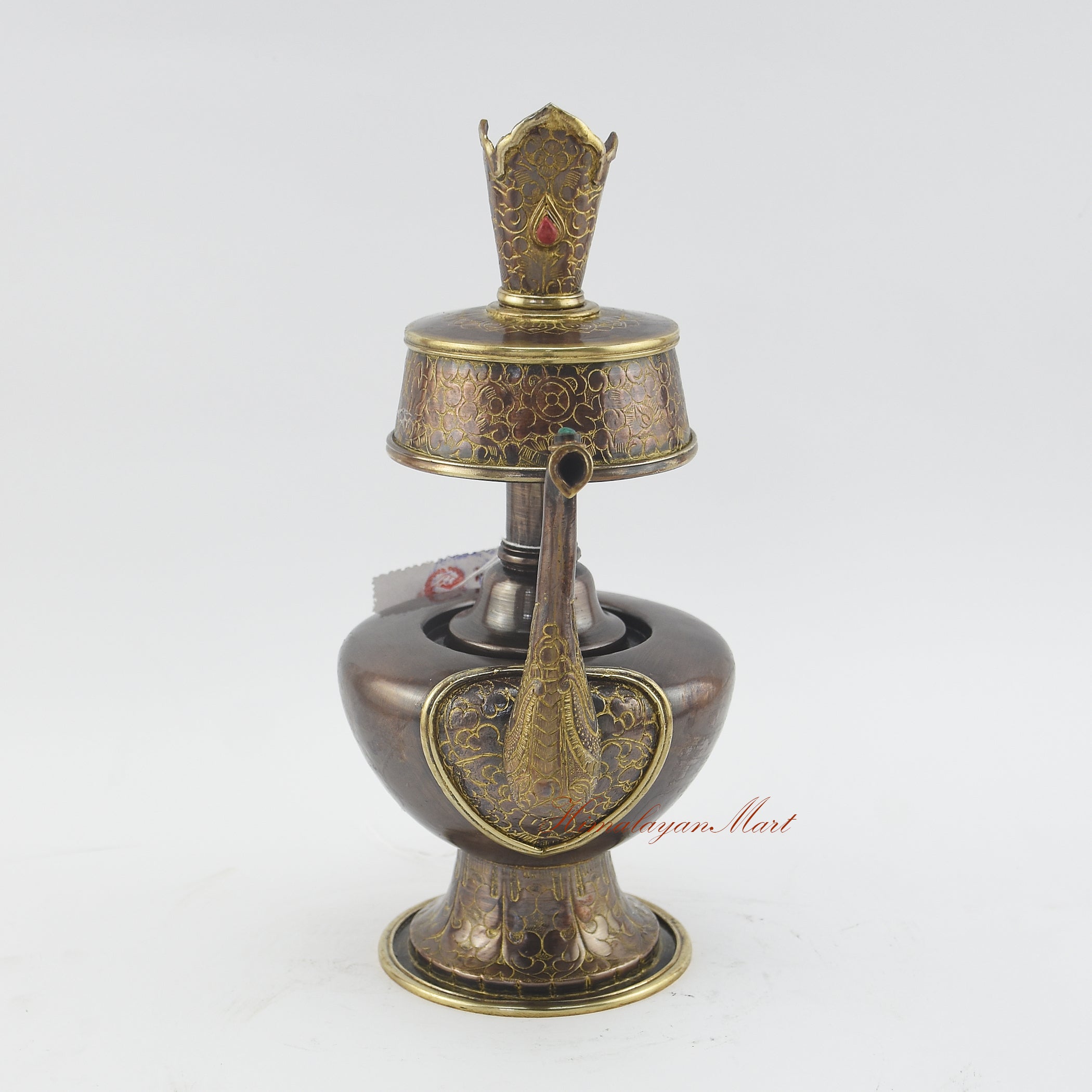 Sacred Traditional Bhumba handcrafted Tibetan ritual water offering vase with oxidized copper finish and stone inlay