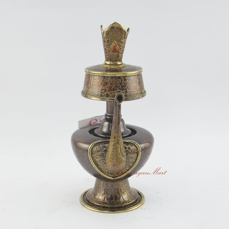 Sacred Traditional Bhumba handcrafted Tibetan ritual water offering vase with oxidized copper finish and stone inlay