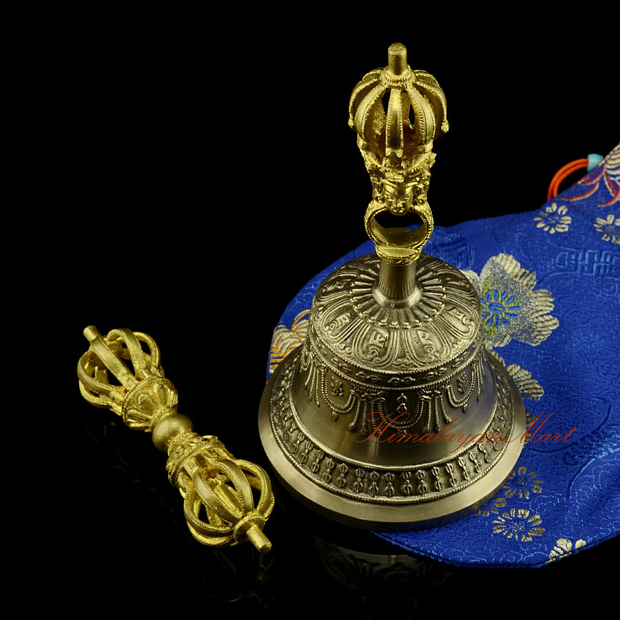 Sacred Vajra Bell Set handcrafted Tibetan ritual implements, bronze finish
