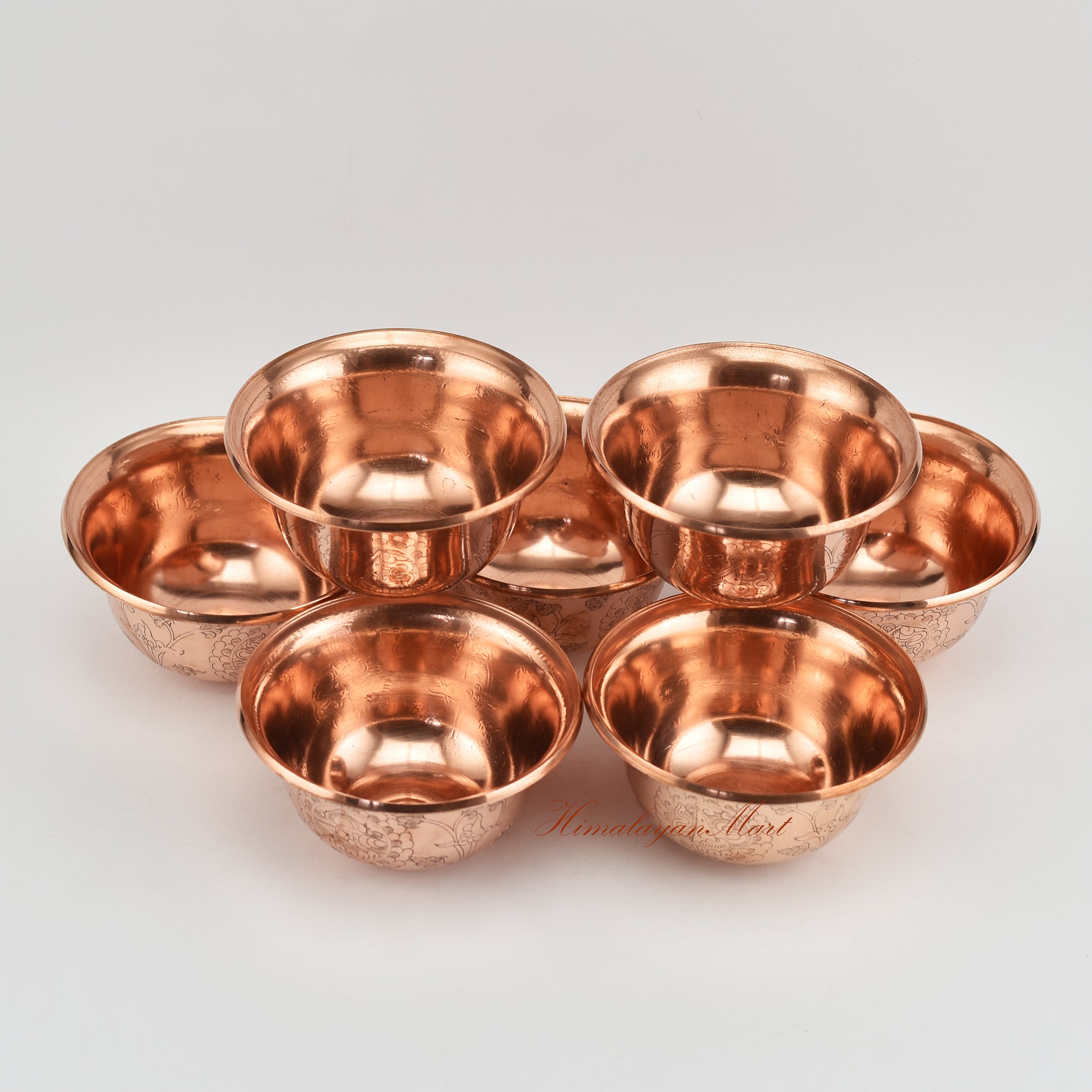 Upper angle of Seven Water Offering Bowl Set with hand carved copper alloy details