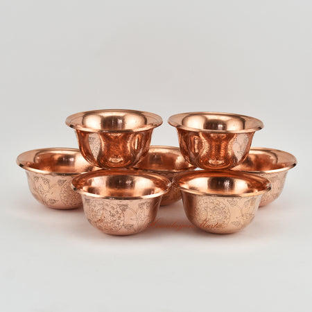 Seven Water Offering Bowl Set handmade copper alloy Tibetan Buddhist ritual bowls on altar