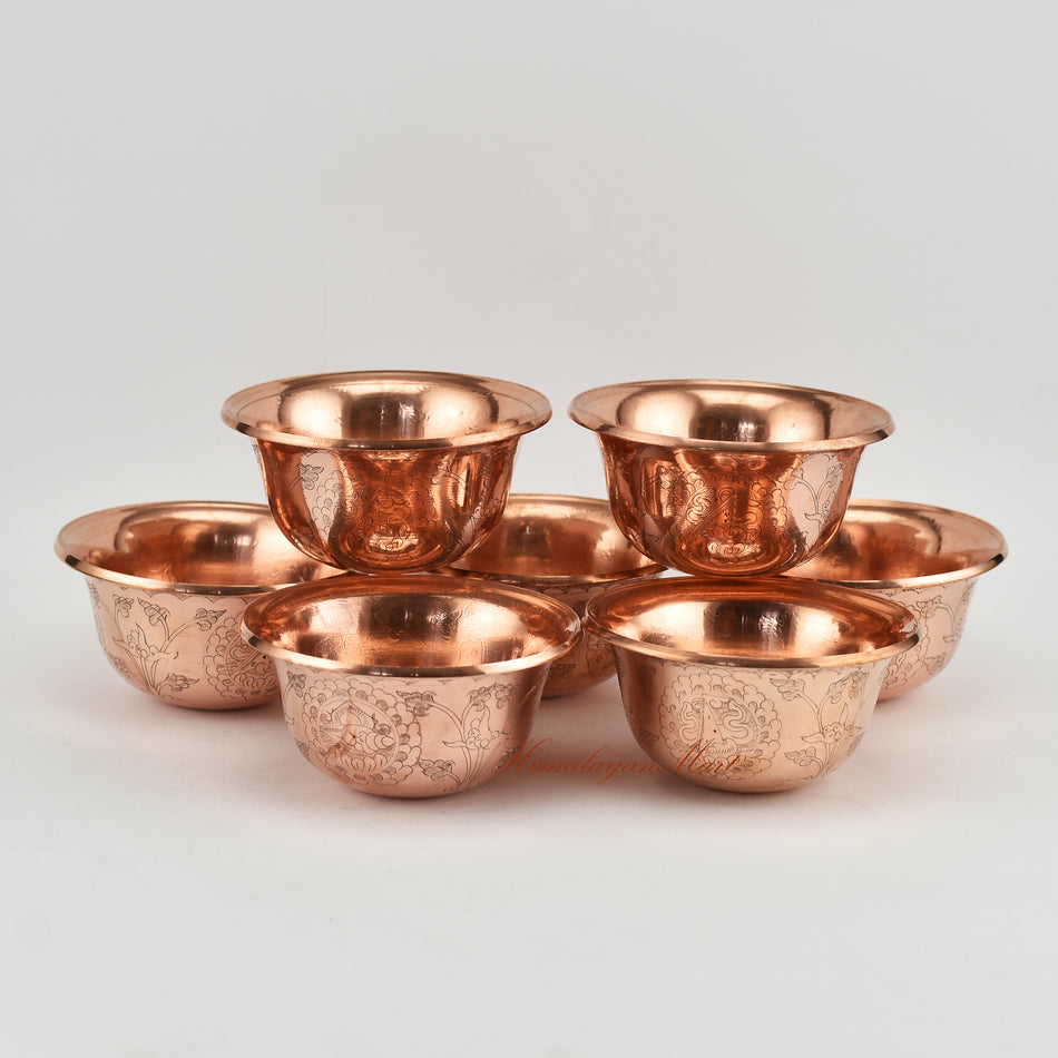 Seven Water Offering Bowl Set handmade copper alloy Tibetan Buddhist ritual bowls on altar