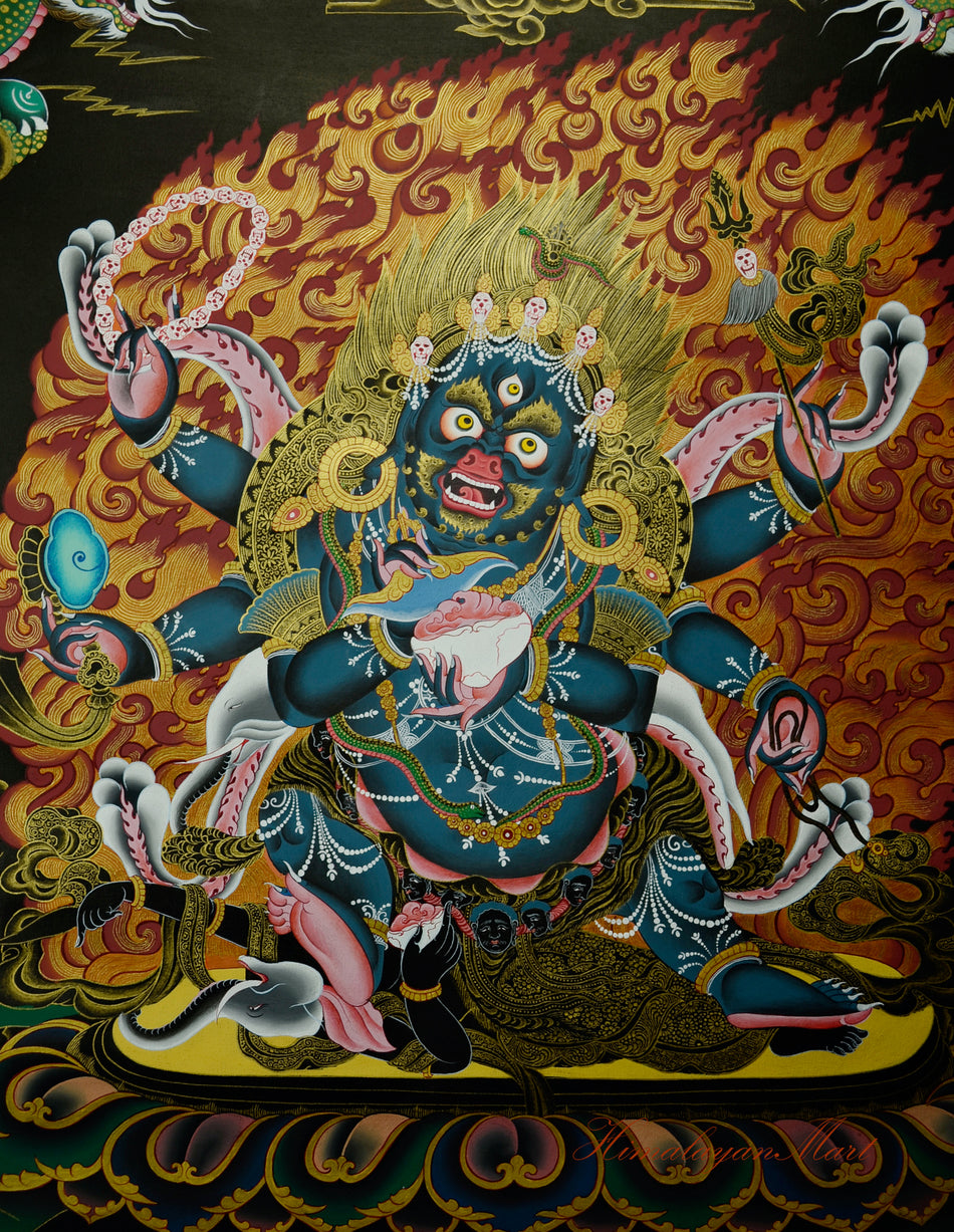 Close-up detail of the Shadbhuja Mahakala Thangka showcasing vibrant colors and intricate symbolism.