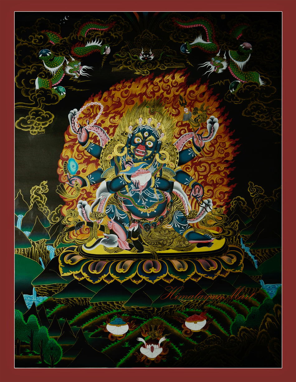 Full view of the Shadbhuja Mahakala Thangka, a hand-painted Tibetan Buddhist protector deity artwork.