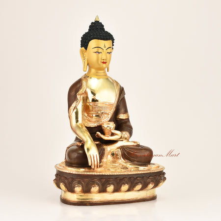 Right side view of a gold-plated Shakyamuni Buddha statue, copper alloy, traditional lost-wax casting, Patan, Nepal