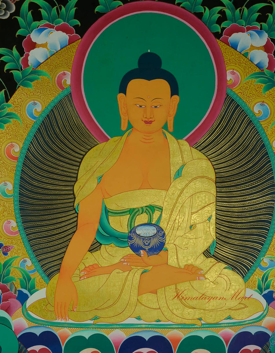 Close-up details of the Shakyamuni Buddha Tibetan Thangka painting with gold embellishments
