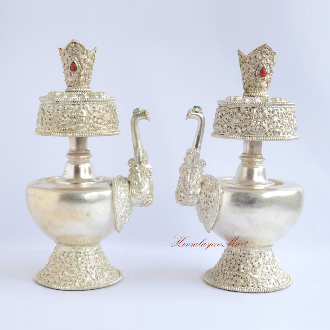 Paired Silver-Plated Bhumba Ritual Set displayed together, highlighting Tibetan Buddhist water offering vases with gemstones