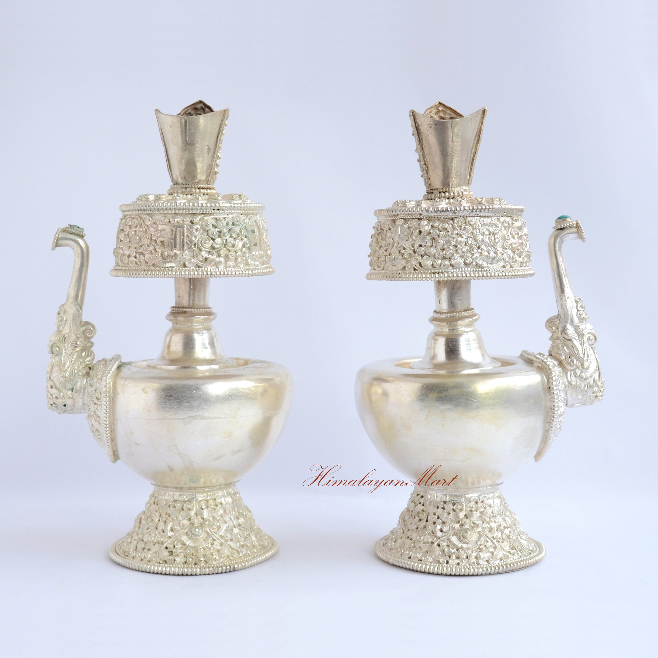 Front-facing view of Silver-Plated Bhumba Ritual Set showcasing detailed hand-carved motifs and coral and turquoise stones