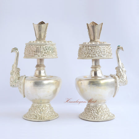 Front-facing view of Silver-Plated Bhumba Ritual Set showcasing detailed hand-carved motifs and coral and turquoise stones